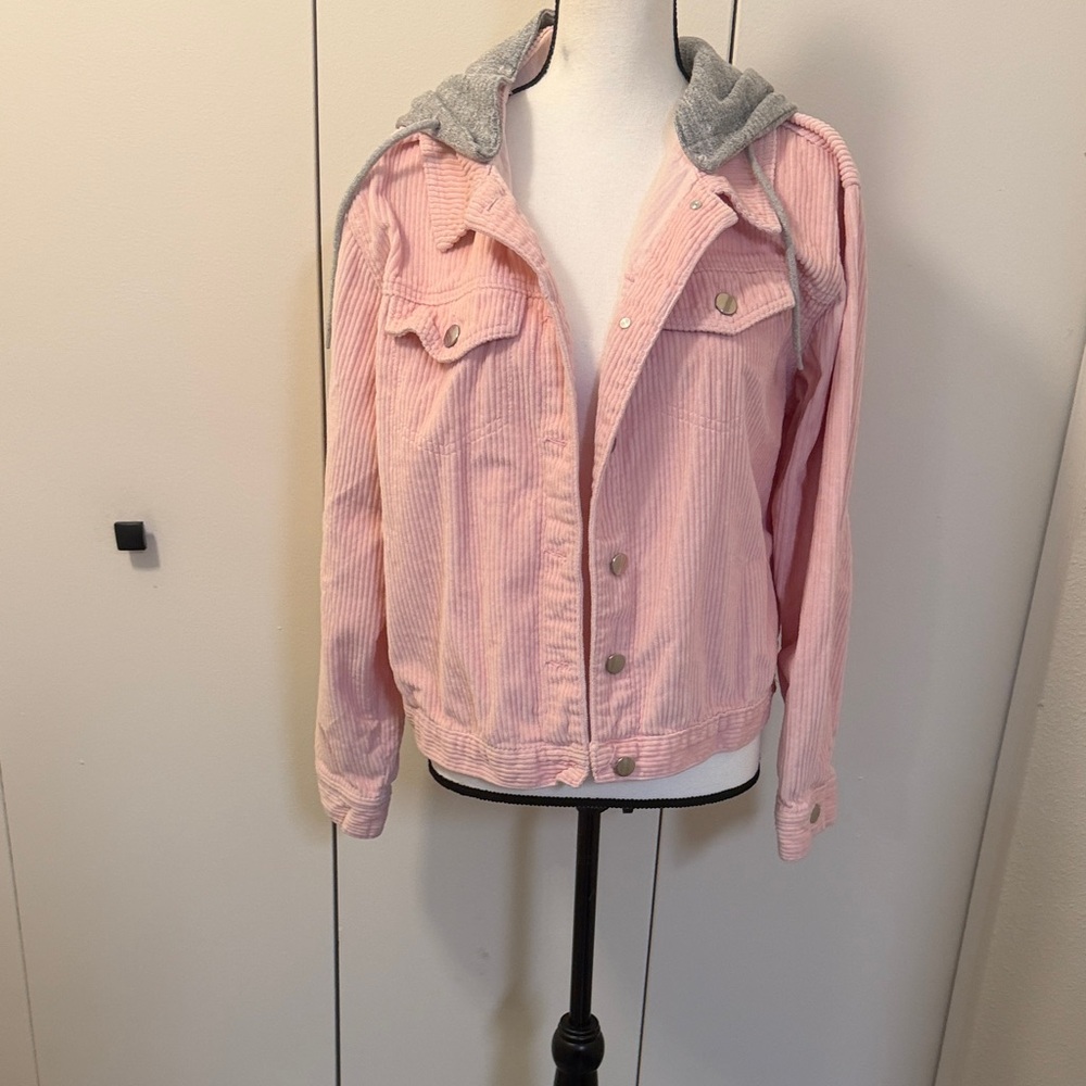 No Boundaries Pink Utility Jacket with Gray Hood